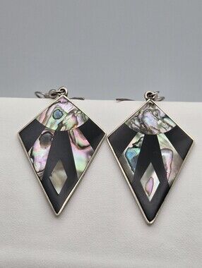 Vintage Alpaca Silver Abalone & Black Onyx Kite Dangle Earrings 2.5"